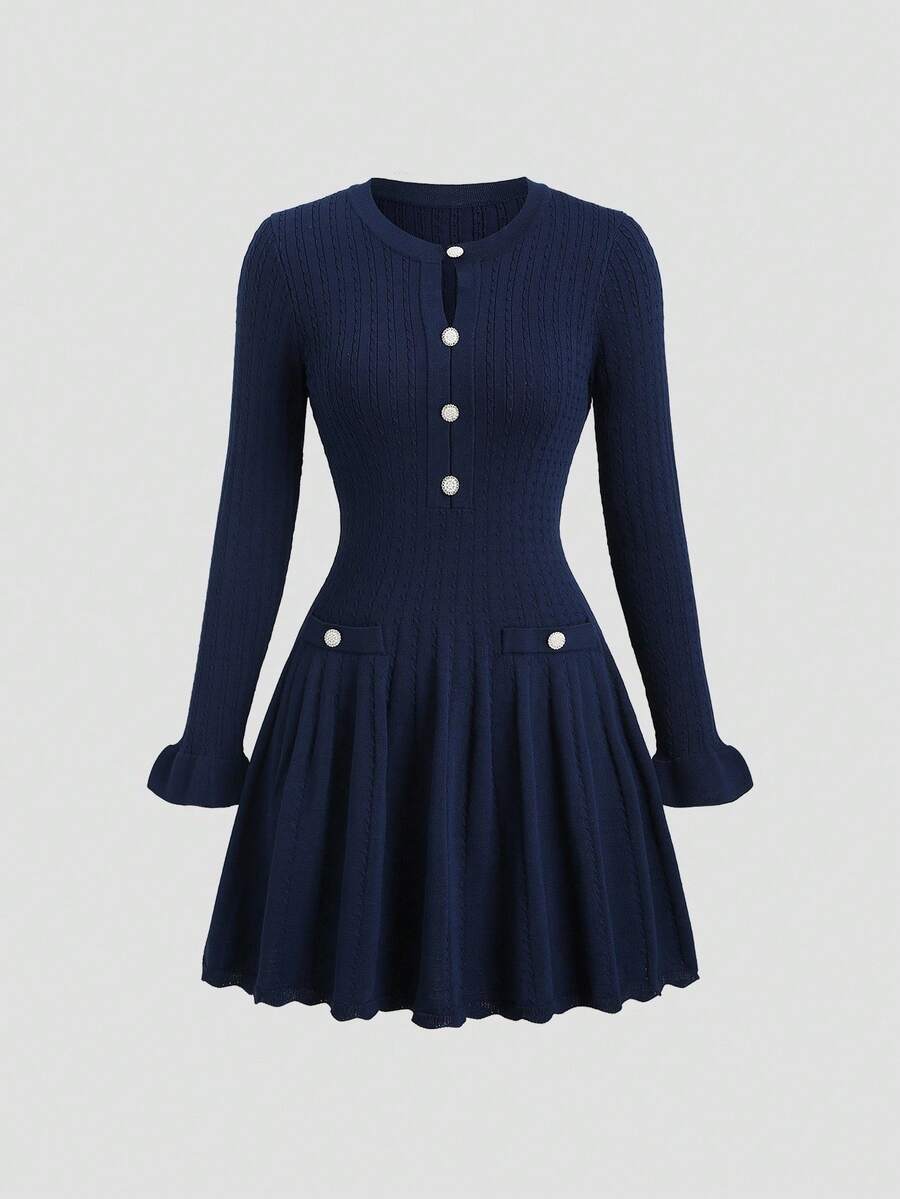 GlowEve Váy len ngắn tay dài màu xanh navy thanh lịch kiểu Pháp đầu thu, viền bèo nhún cổ điển, duyên dáng, thích hợp mặc đi làm - Màu xanh hải quân - Xem 1