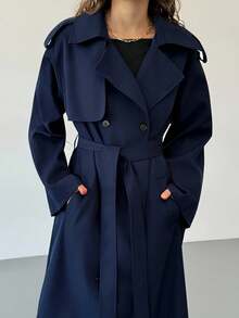 Aloruh 女式长袖风衣，带口袋，收腰，海军蓝，秋冬 - 藏蓝色 - 查看 8