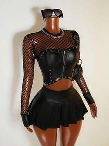 Mistrie 镂空金属孔眼性感透视长袖上衣和 PU 皮革迷你裙套装 - 黑色 - 查看 1