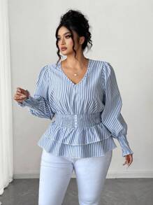 Elenzga Blusa Feminina com Decote em V, Cintura Marcada e Bainha Evasê, Uso Casual - Azul e Branco - Visão 3