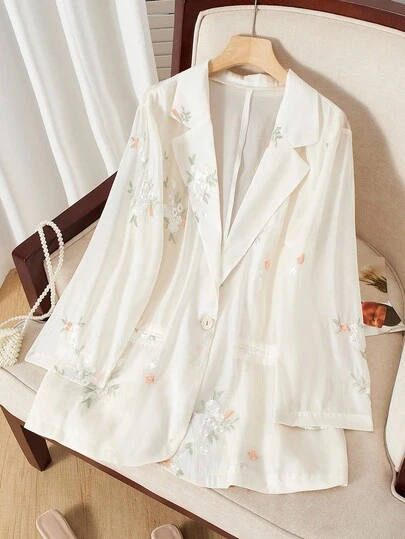 GlowEve CURVE 优雅休闲刺绣中袖大码女式西装外套，适合休闲、度假、通勤