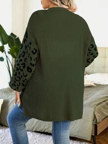 EMERY ROSE Plus Size Women Leopard Print Knit Casual Versatile Lantern Sleeve Cardigan Sweater Fall Winter Cloth For Women Autumn - Army Green - View 2