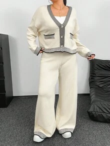 POPSWAY Autumn/Winter New Minimalist Versatile Faux Pocket Cardigan Long Sleeve Top And Pants Knit Suit Set Fall Cloth For Women - Apricot - View 2