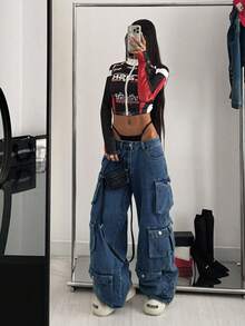 StreetHx Women's Solid Color Casual Pocket Jeans - Blue - View 3