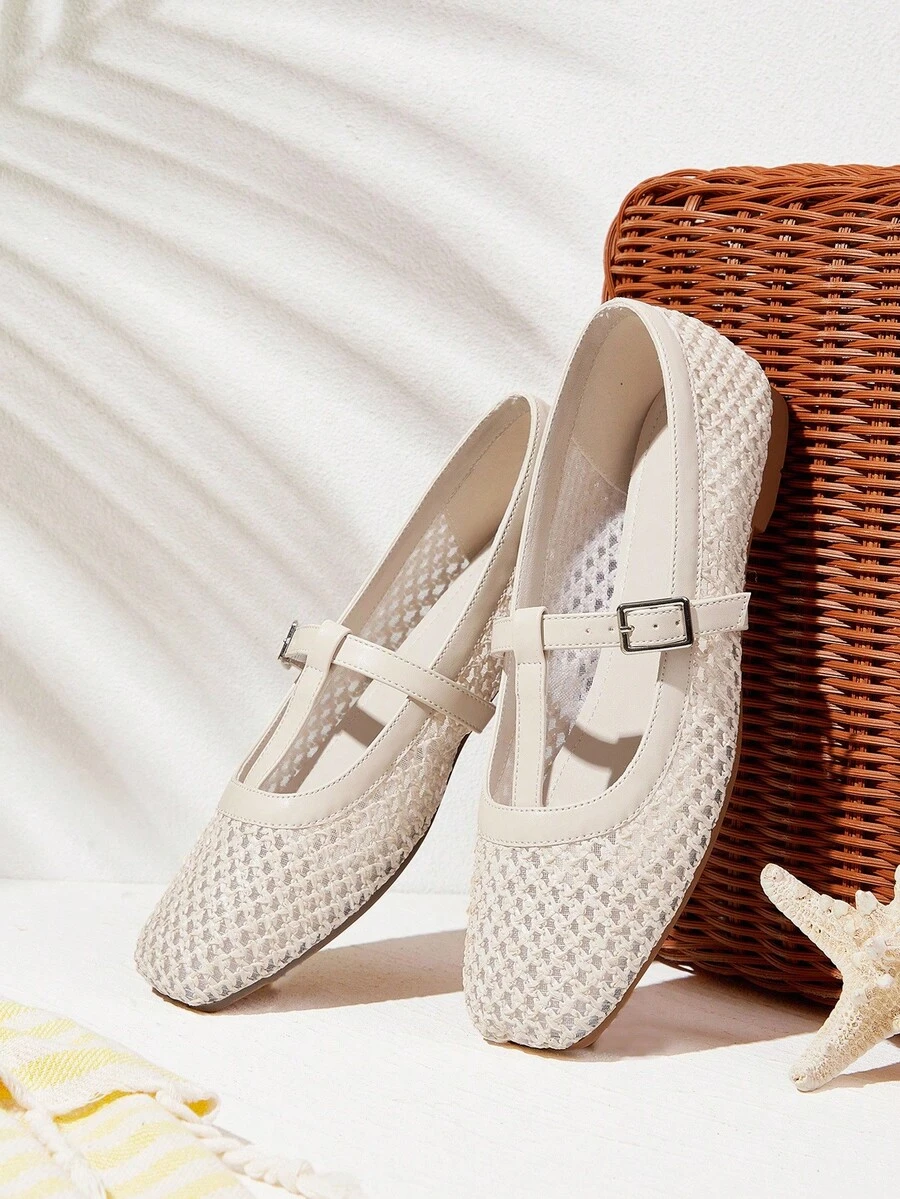 Styleloop Giày đế bệt Mary Jane dệt họa tiết mơ thoải mái thoáng khí thời trang đa năng cho kỳ nghỉ ngoài trời dành cho nữ, thích hợp cho Halloween, Giáng sinh, mùa thu - Màu be - Xem 1