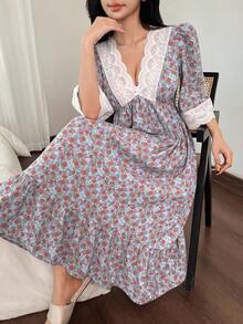 DAZY Romantic Floral Lace Patchwork V-Neck Waist Cinched Women's Nightgown, Fall Pajama, Winter - Mauve Purple - View 3