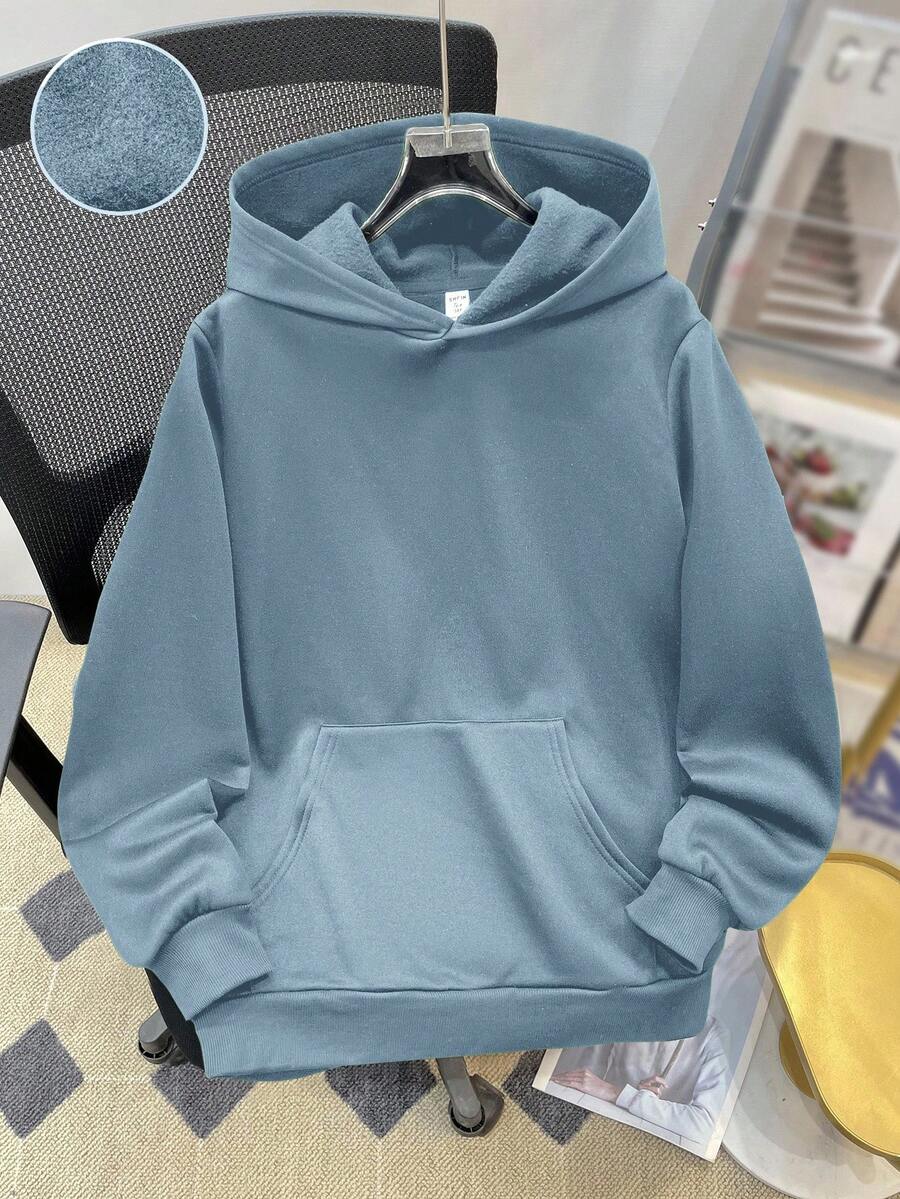 SHEIN 青少年男童休闲宽松舒适百搭纯色卫衣,秋冬季,纯色卫衣,浅蓝色卫衣设计,冬季,秋季 - 淺藍色 - 查看 1