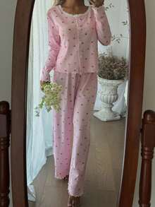 CottageSlumber 2pcs Bow & Lace Trim Decor Round Neck Top & Pants Pajama Set, Fall Clothes Women Pajama Set Pink Pajama Set Cherry Pajama Set Bow Pajama Set Vintage Pajama Set  Cozy And Elegant Details
