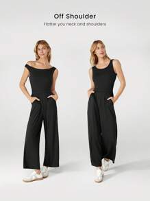 GLOWMODE Modal Out & About Jumpsuit Bodysuit Tanpa Lengan dengan Tali Bahu yang Dapat Diatur dan Kantong Samping, Cocok untuk Pakaian Kasual Sehari-hari, dengan Cup yang Dapat Dilepas - Hitam - View 3