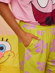 SpongeBob SquarePants | SHEIN Men's Funny Cartoon Print Short Sleeve T-Shirt And Shorts Loungewear Pajama Set, Summer