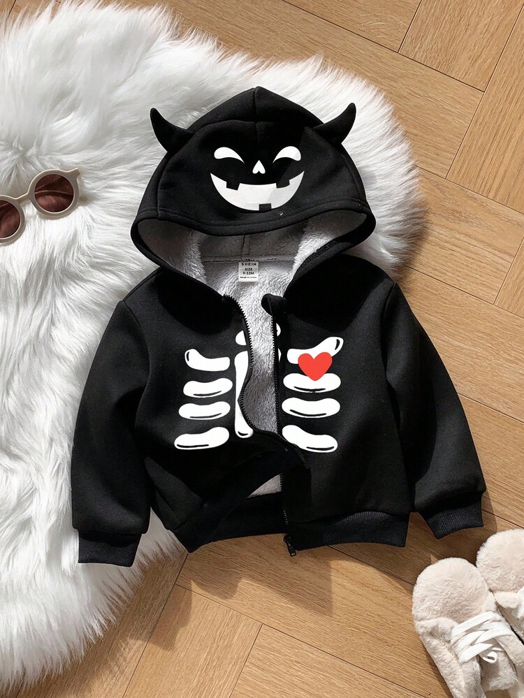 SHEIN 长袖连帽夹克运动衫男婴服装羊毛，加厚可爱小恶魔角连帽夹克，适合万圣节，舒适，百搭，休闲，时尚，适合室内，户外，日常穿着，运动，玩耍，派对，拍照，度假，秋冬季 - 黑色 - 查看 4