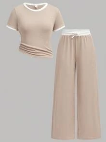 SHEIN Girlism Bộ áo thun bó sát dệt kim màu tương phản dành cho bé gái tuổi teen và quần cạp chun rộng rãi, trang phục thể thao đường phố, phù hợp cho mùa xuân/hè, trường học, bóng đá, hoạt động ngoài trời - Màu Khaki - Xem 13