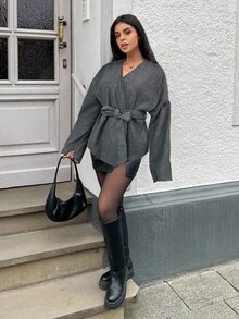 MainGRL Women's Dark Grey Front Tie Long Sleeve Minimalist Overcoat In Fall/Winter - Dark Grey - View 5