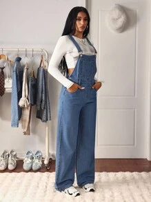 SHEIN Tall Tall Blue Washed Denim Bib Overall Jumpsuit