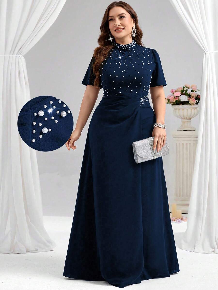Coutiva Plus Size Beaded Decor Formal Evening Gown