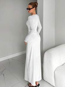 Siren Gaze Elegant White Maxi Dress, Fall Clothes For Women Autumn Winter Long Sleeve Bodycon Dress With Pleated Waist Gold Metal Buckle, Formal Chic Party Wedding Graduation Prom Dress For Work Date Halloween Christmas New Year, 2025 New High - End Old Money Style Luxury Casual Must - Have Evening Dress