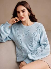 Anewsta 女式花卉图案圆领长袖休闲毛衣，秋季 - 藍色 - 查看 1