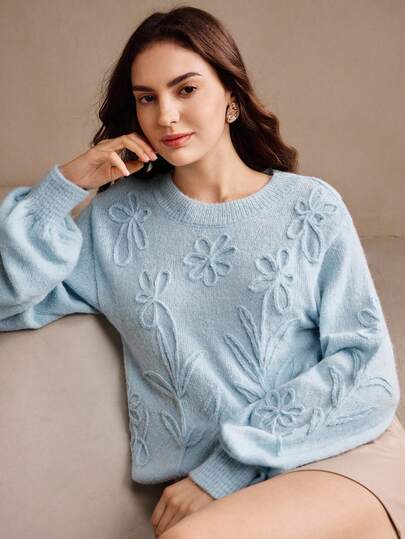 Anewsta Suéter casual de cuello redondo de manga larga con estampado floral para mujer, otoño