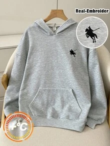 SHEIN 少女灰色休闲运动连帽衫，刺绣口袋，百搭长袖运动衫，适合秋冬季、返校季