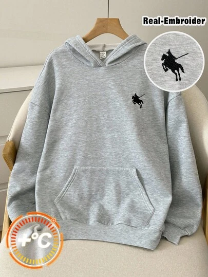 SHEIN 少女灰色休闲运动连帽衫，刺绣口袋，百搭长袖运动衫，适合秋冬季、返校季