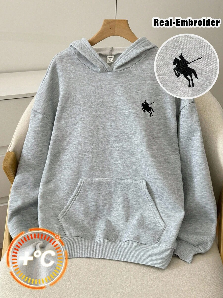 SHEIN 少女灰色休闲运动连帽衫，刺绣口袋，百搭长袖运动衫，适合秋冬季、返校季