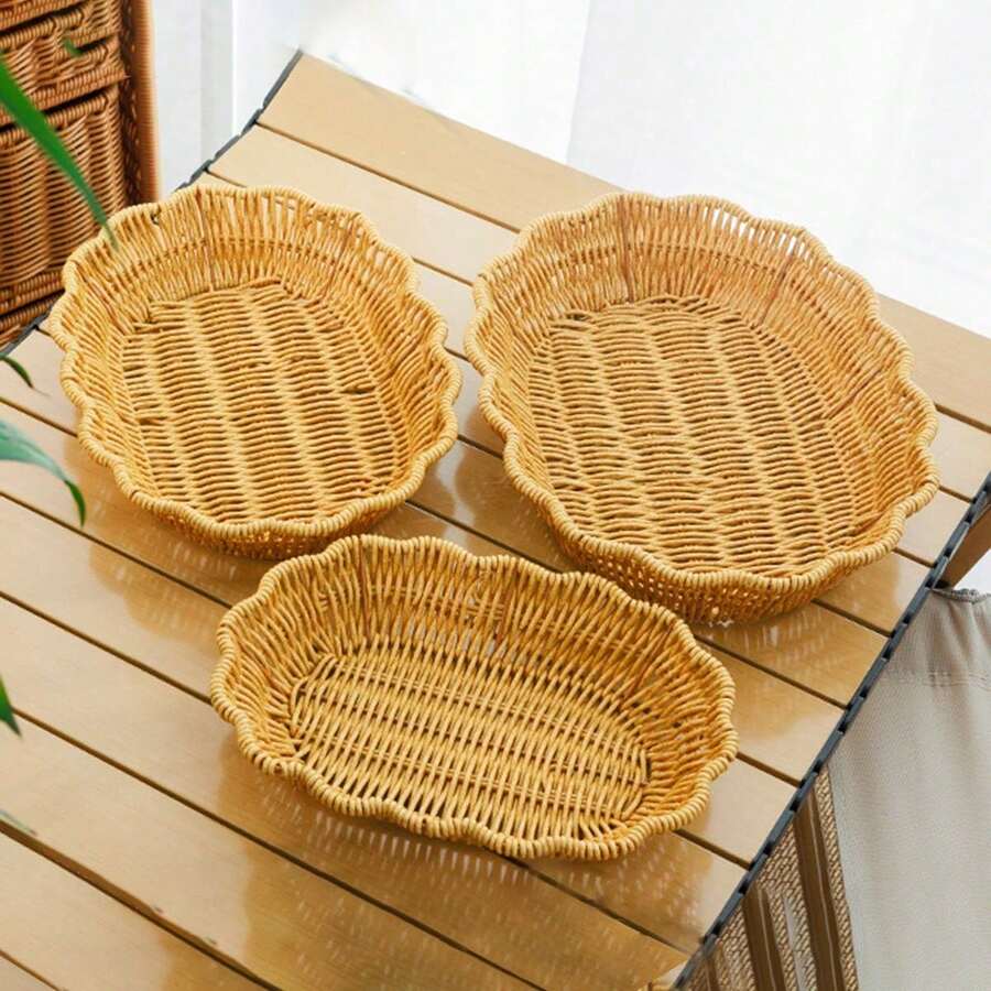 SHEIN 3 件/1 件蕾丝手工编织藤条托盘、藤条水果篮、零食托盘、储物托盘、食物篮、小吃甜点盘、编织托盘、炸薯条盘、炸鸡餐盘、水果篮、编织椭圆形浅盘、户外野餐盘、烧烤盘、便携式可重复使用早餐、饮料、咖啡桌餐具、农舍家居装饰、存储和组织 - 橢圓形 - 查看 1
