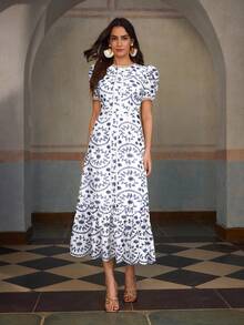 ZEYLAH Cotton Short Sleeve Vacation Embroidered Long Dress - Blue - View 7