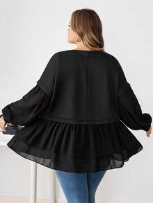 SHEIN CURVE+ Plus-Size Mesh Splicing Style Black Doll-Style Sweater With A Flared Hem Winter Fall Autumn/Autumn /Winter - Black - View 7