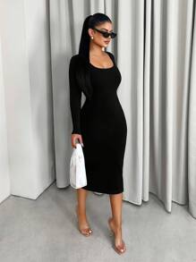 Zolique Seamless Knit Long Sleeve Integrated Romper Bodycon Dress Fall Cloth For Women - Black - View 5