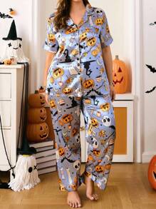 Chillnights Plus Size Halloween Skeleton & Pumpkin Pattern Satin Pajama Set - Multicolor - View 5