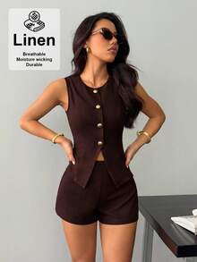 SHEIN PETITE 女士腰部套装优雅休闲两件套短套装女亚麻两件套棕色两件套女女士夏季两件套棕色 - 棕色 - 查看 6