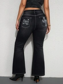 ROMWE Grunge Punk Jeans évasés grande taille avec imprimé croix gothique et ornements de strass