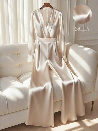 Franclia Autumn Women's Wide-Leg Pants V-Neck Long-Sleeved Glossy Fabric Waist Temperament Versatile Basic Women's Jumpsuit Commuting Teacher Office Jumpsuit Long Autumn And Winter Women's Casual Jumpsuit Fall Cloth For Women