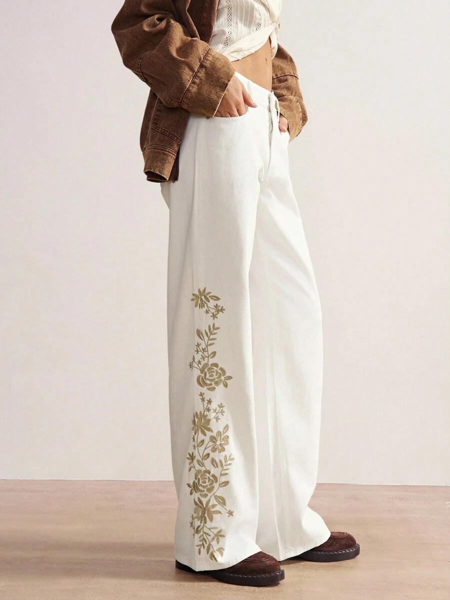 Bohemela 女式宽松直筒复古时尚刺绣牛仔裤 - 杏色 - 查看 1