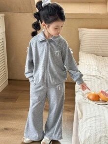 SHEIN Young Girls Casual Bowknot Trim Zip-Up Hoodie Jacket & Flared Pants Set Fall Winter - Multicolor - View 5