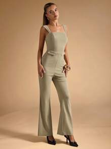 SHEIN BAE Mono de mujer casual de unicolor y elegante con vuelo - Verde - Ver 4