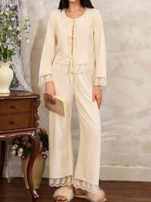 法式彼得潘领优雅长袖和裤子女士睡衣套装，秋冬蕾丝睡衣套装女士家居服套装女士睡衣女士蕾丝家居服套装，秋季服装 - 黃色 - 查看 5