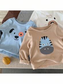 Set de 5 piezas de tops casuales para bebé niño con cuello redondo, de punto, de unicolor y con diseño de animales lindos