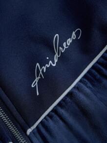 Aesthetic Post 男士休闲海军蓝天鹅绒字母图案夹克和裤子套装，秋季服装，舒适服装 - 藏蓝色 - 查看 6