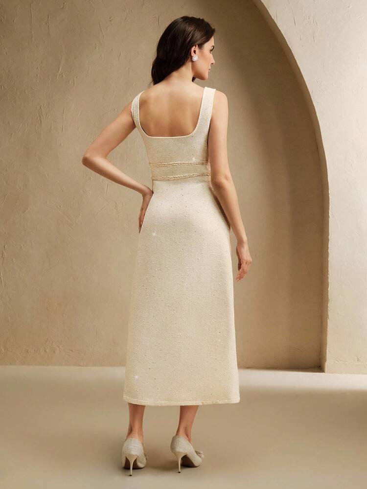 Elegant & Chic Sleeveless Midi Dress With Sequin Embellished Collar, Waist Cinched Design, Cream White Tweed Fabric, Suitable For Autumn/Winter