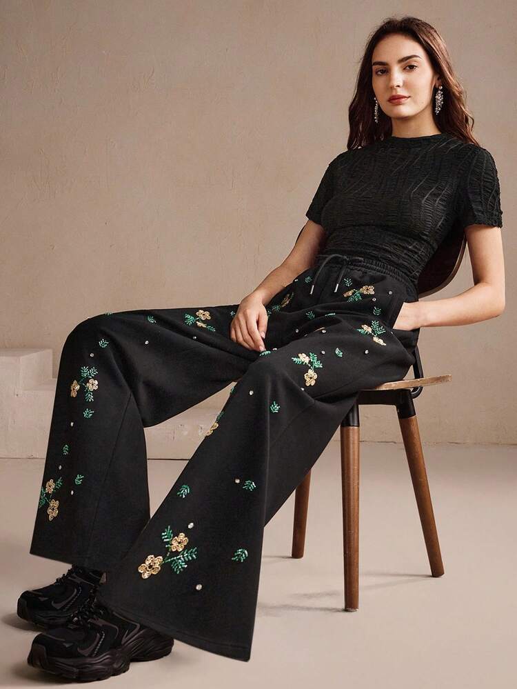 Women's Casual Embroidered & Beaded Sweatpants, European Style