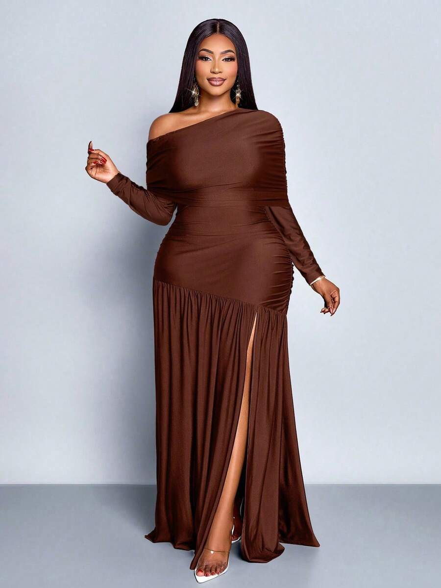 SOLERSUN Vestido largo de punto con abertura frontal, cuello de parche, hombro descubierto, manga larga y plisado en el borde para mujeres de talla grande. Ideal para fiestas, citas, graduación, boda, Halloween, Navidad y Año Nuevo - Café integral - Ver 1