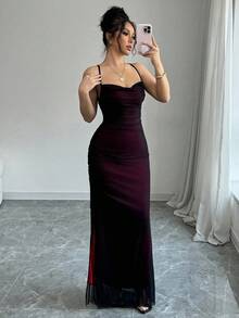 SHEIN PETITE 女士优雅简约纯色可调节细肩带交叉后背高开衩连衣裙，夏季 - 黑色 - 查看 5