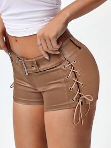 SHEIN Unity Women's Solid Color PU Leather Side Eyelet Lace-Up Skinny Fashionable Shorts - Brown - View 5