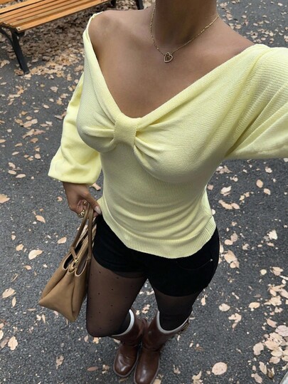 MainGRL Women's New Off Shoulder Pleated Bust Long Sleeve Sweater Top, Autumn/Winter, Light Yellow Sweater