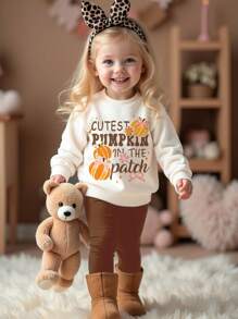 SHEIN Cream White Cute Pumpkin & Bow Print Sweatshirt And Leggings Set, Cozy Thick Round Neck Long Sleeve Pullover And Skinny Pants, Suitable For Autumn/Winter, Halloween Pumpkin, Autumn Outfits, Easy Comfort, Autumn Layers For Baby & Girls, Stylish Baby Girl, Casual Wear, Baby & Baby Girl Graphic Clothes, Fall Clothes