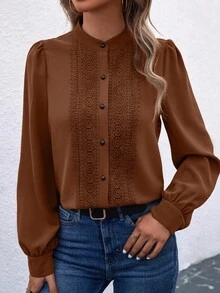 SHEIN Clasi 女士纯色前扣优雅办公室长袖衬衫 - 咖啡棕 - 查看 6