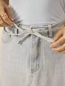 Aralina تنورة ماكسي جينز بخصر متوسط مع ربطة حزام، تصميم خط A مريح وخفيف، مناسبة للخريف والشتاء والربيع والعطلات والمكتب للنساء