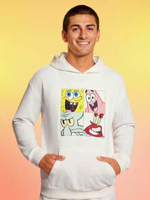 SpongeBob SquarePants | SHEIN 男士字母与卡通图案套头连帽衫，秋季 - 白色 - 查看 5