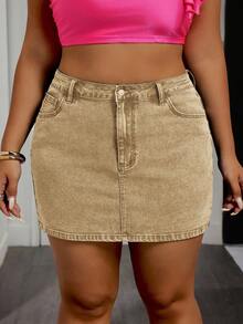 Slaydiva Plus Size Summer Fashion Washed Denim Skirt With Bow Decor - Khaki - View 3